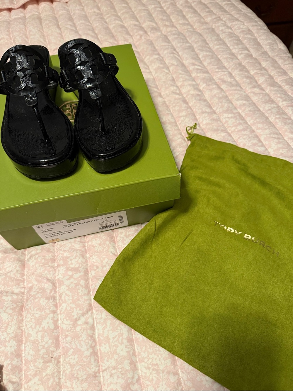 Tory Burch Black Patent Logo Thong Sandals with Platform